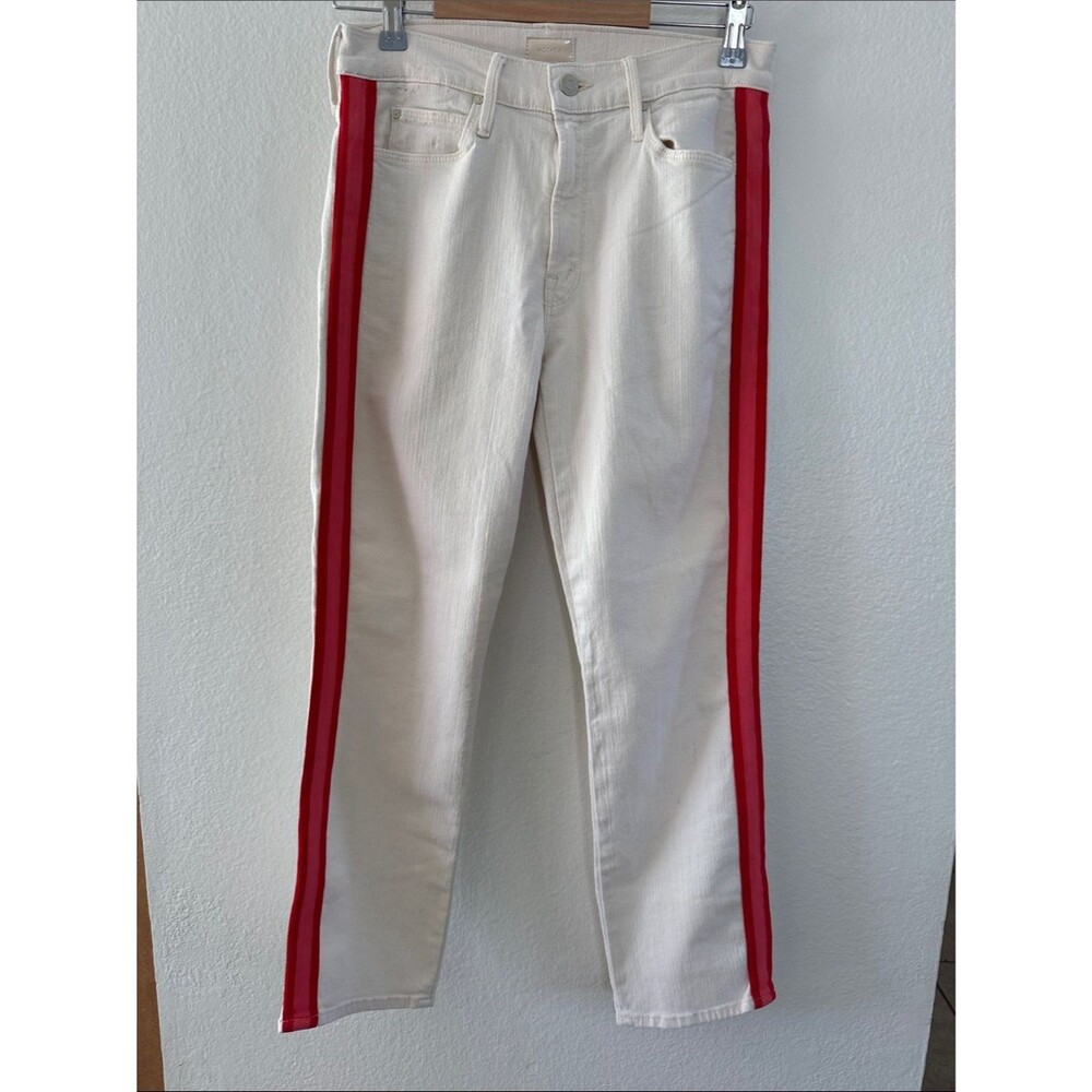 Mother The Mid Rise Dazzler Crop Jeans Whipping The Cream Pink Racer Stripe 27